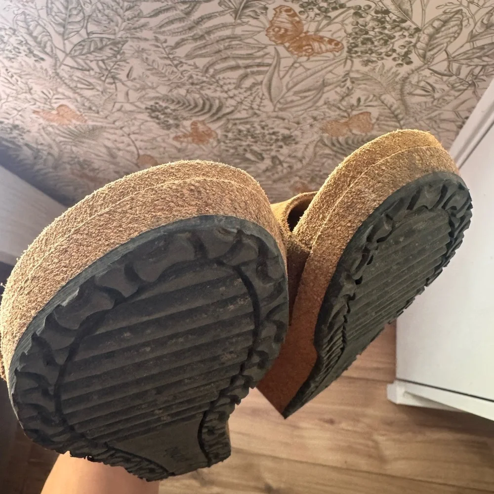 Papillio Suede Wedge Slide Sandals in Camel Brown